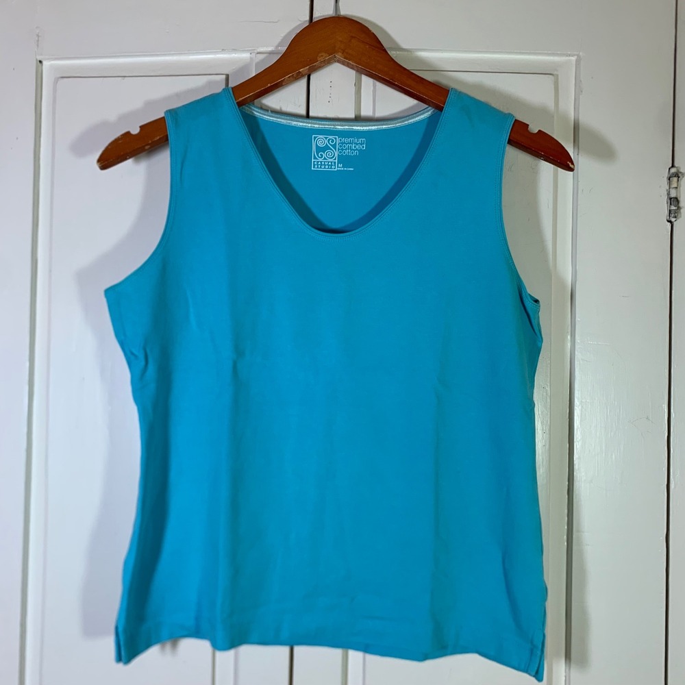 Casual Studio Womens Turquoise Blue Premium Combed Cotton V-Neck Tank Top Size M